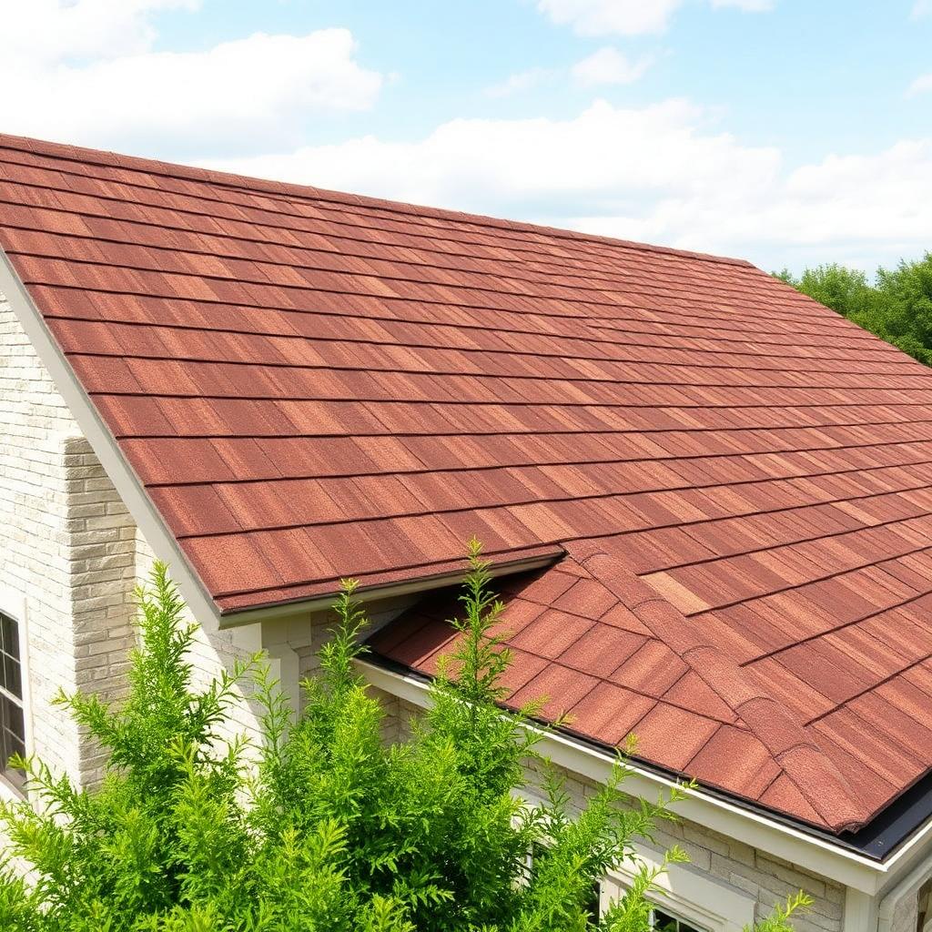 Stone-coated steel metal shingle roof mimicking shake profile