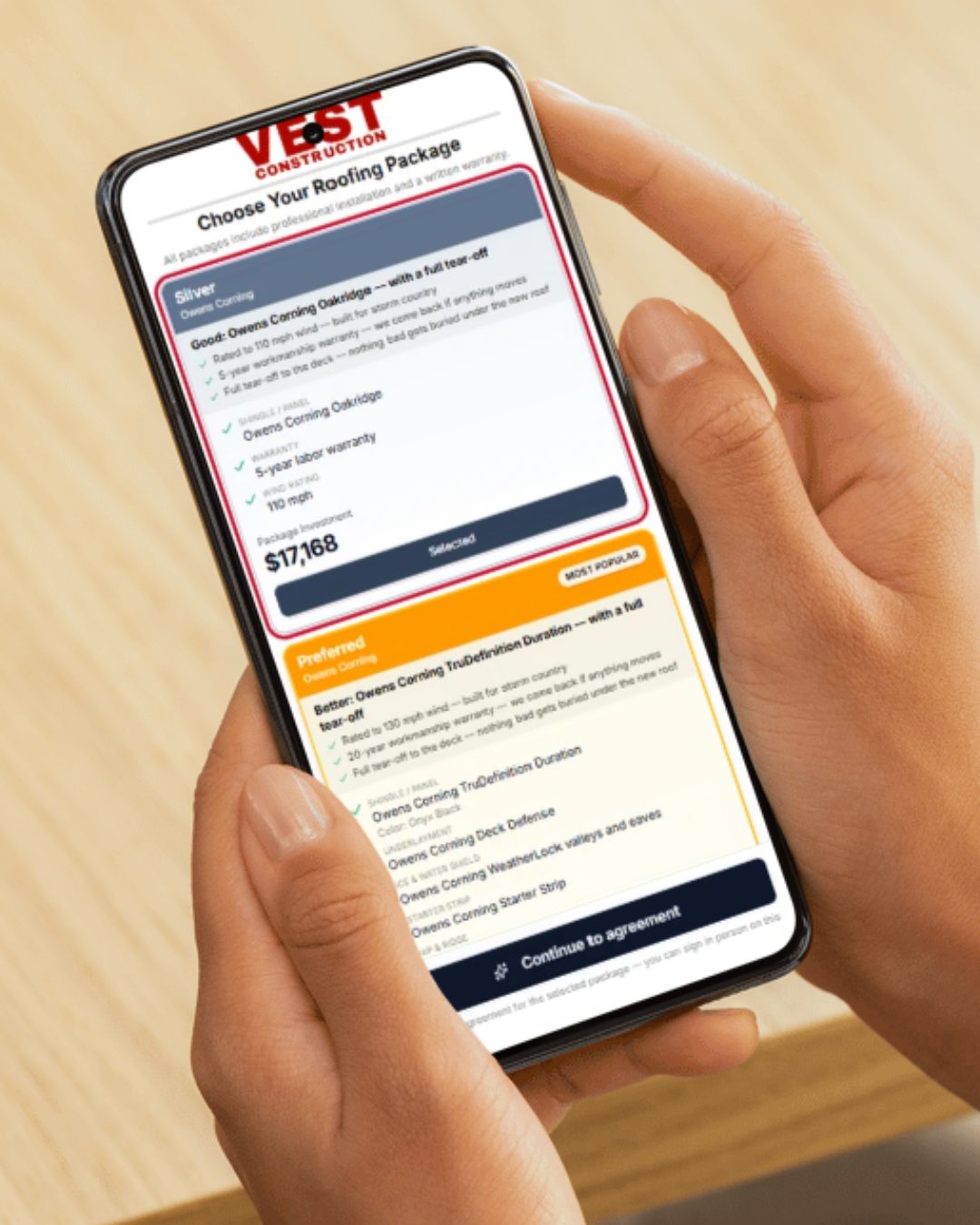 The Vest Estimator Tool on a phone, showing itemized roofing package options and pricing