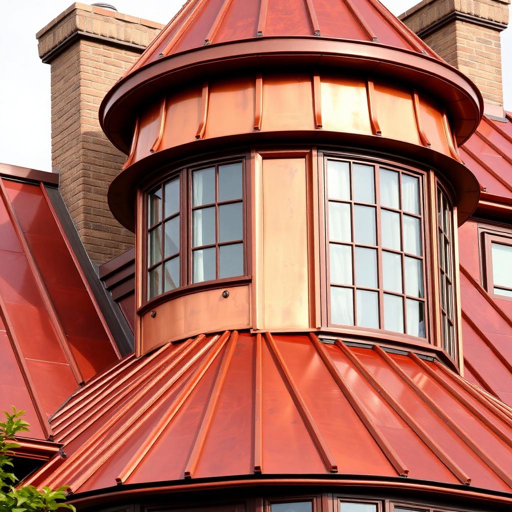 Copper standing-seam roof accent on a luxury home turret