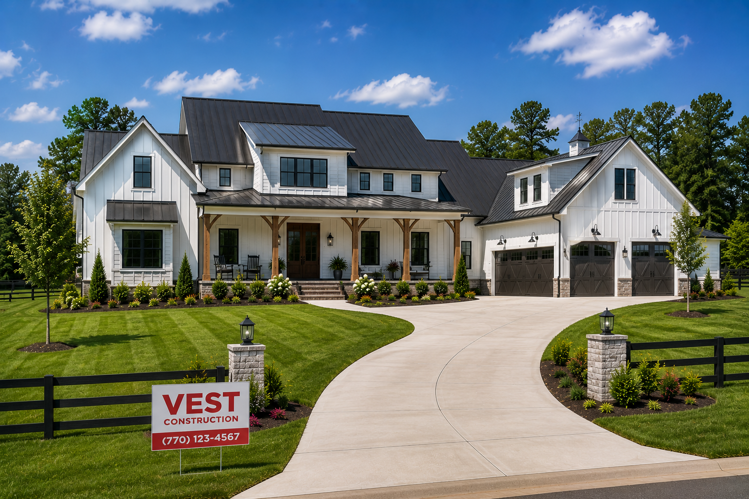Westbrook Farm Residence II front elevation with white exterior, black roof, and curved driveway