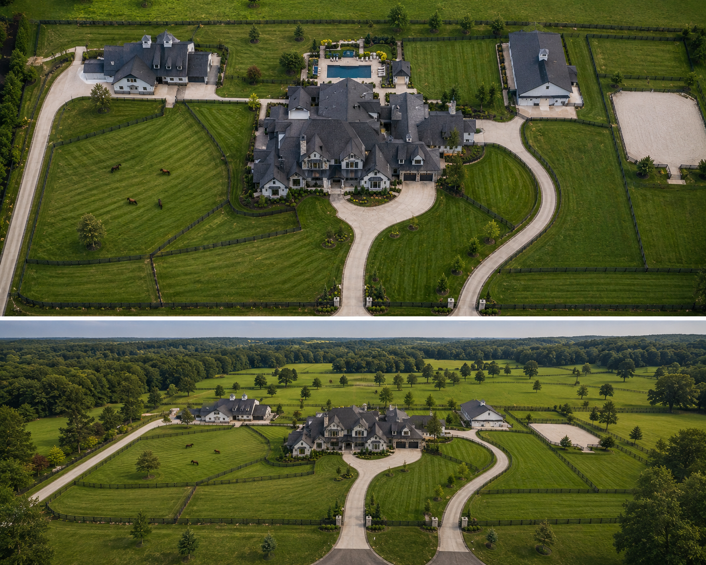 Aerial views of the Westbrook Farm estate with pool, barn, paddocks, and riding ring