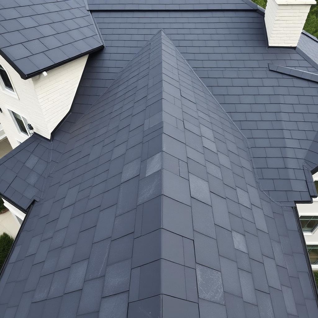 Synthetic composite slate-look roof in charcoal gray