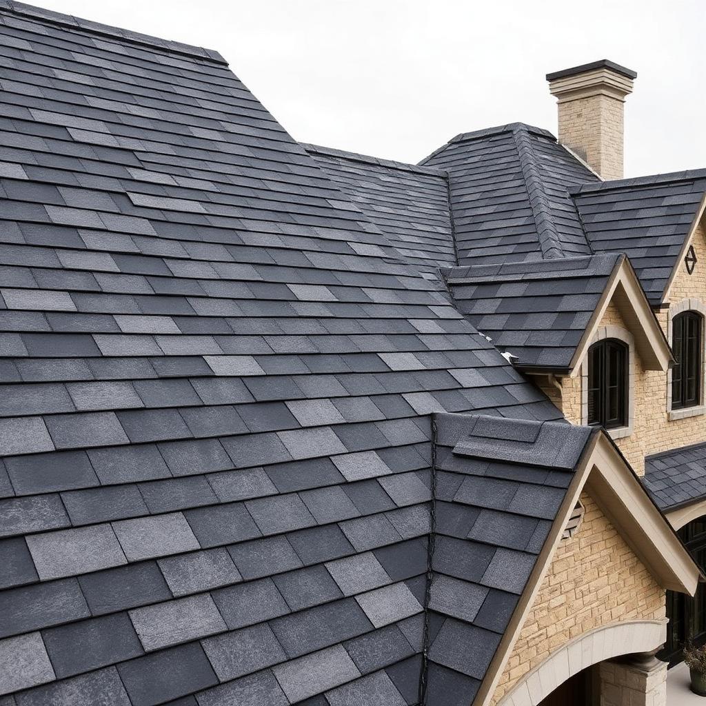 Luxury designer asphalt shingles with a slate-like dimensional look