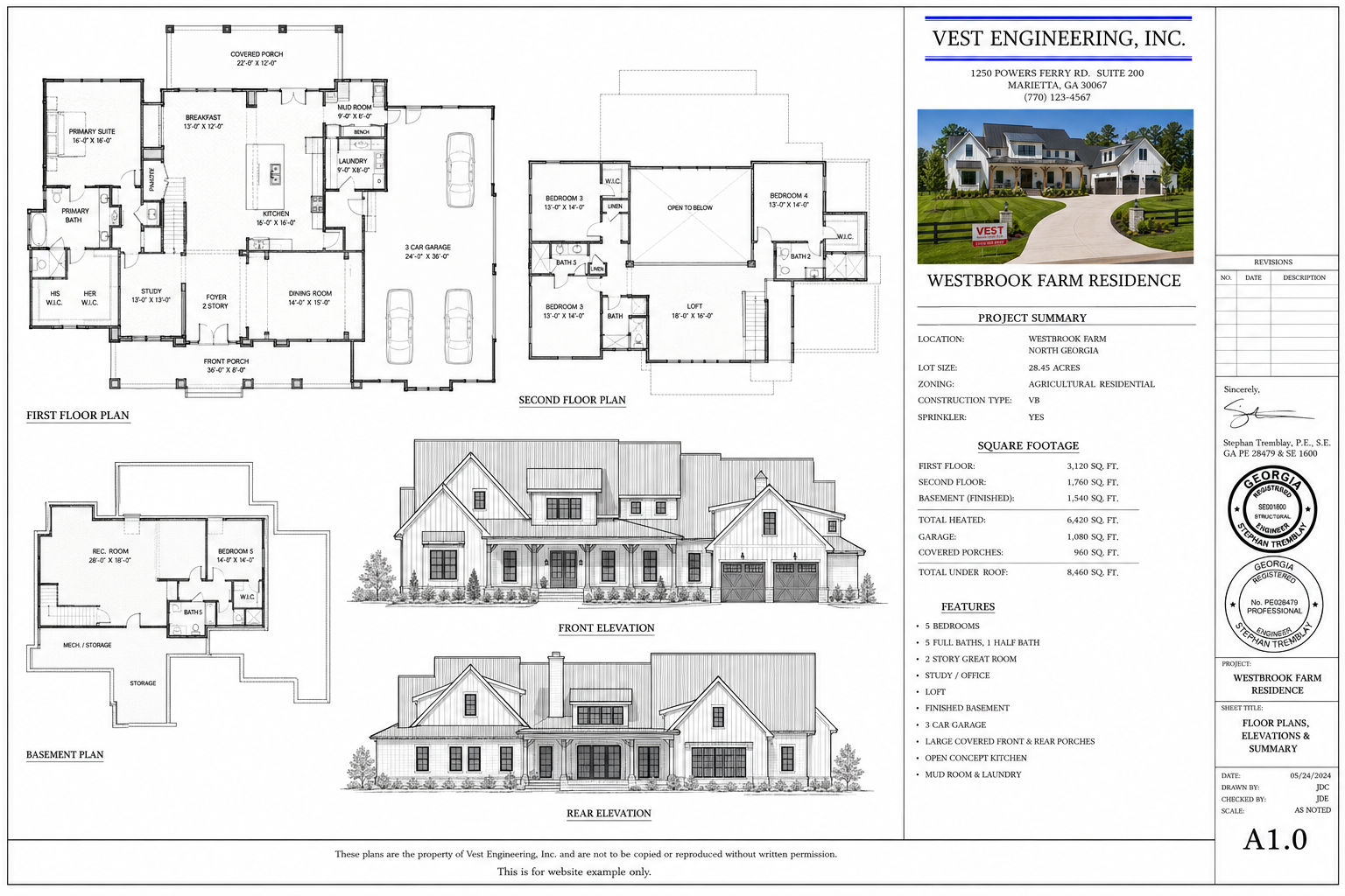 Westbrook Farm Residence II floor plans, elevations and project summary sheet by Vest Engineering