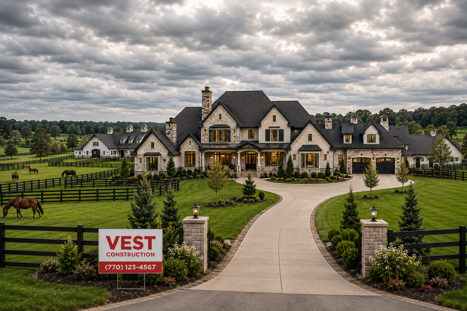 Westbrook Farm Residence front elevation with stone facade and circular driveway