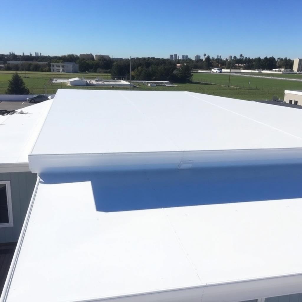 White TPO single-ply membrane on a low-slope roof section