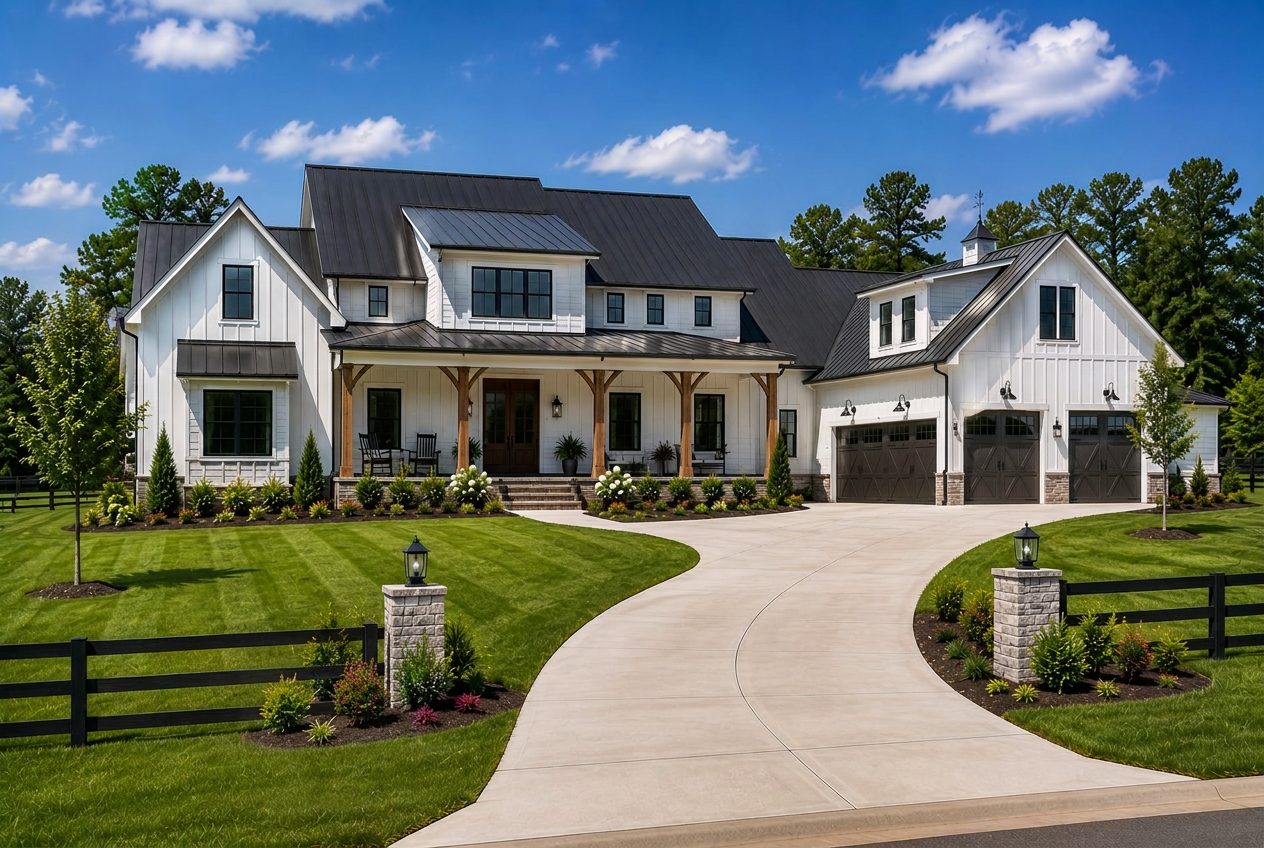 Westbrook Farm Residence II front elevation with white exterior, black roof, and curved driveway