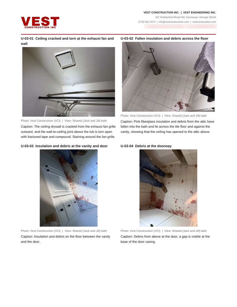Photo register documenting ceiling damage and insulation debris