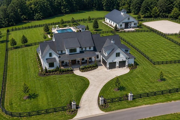 Aerial view of a completed roof on a North Georgia home by Vest Construction
