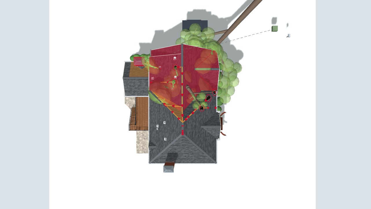 Overhead view of the roof and tree-impact damage