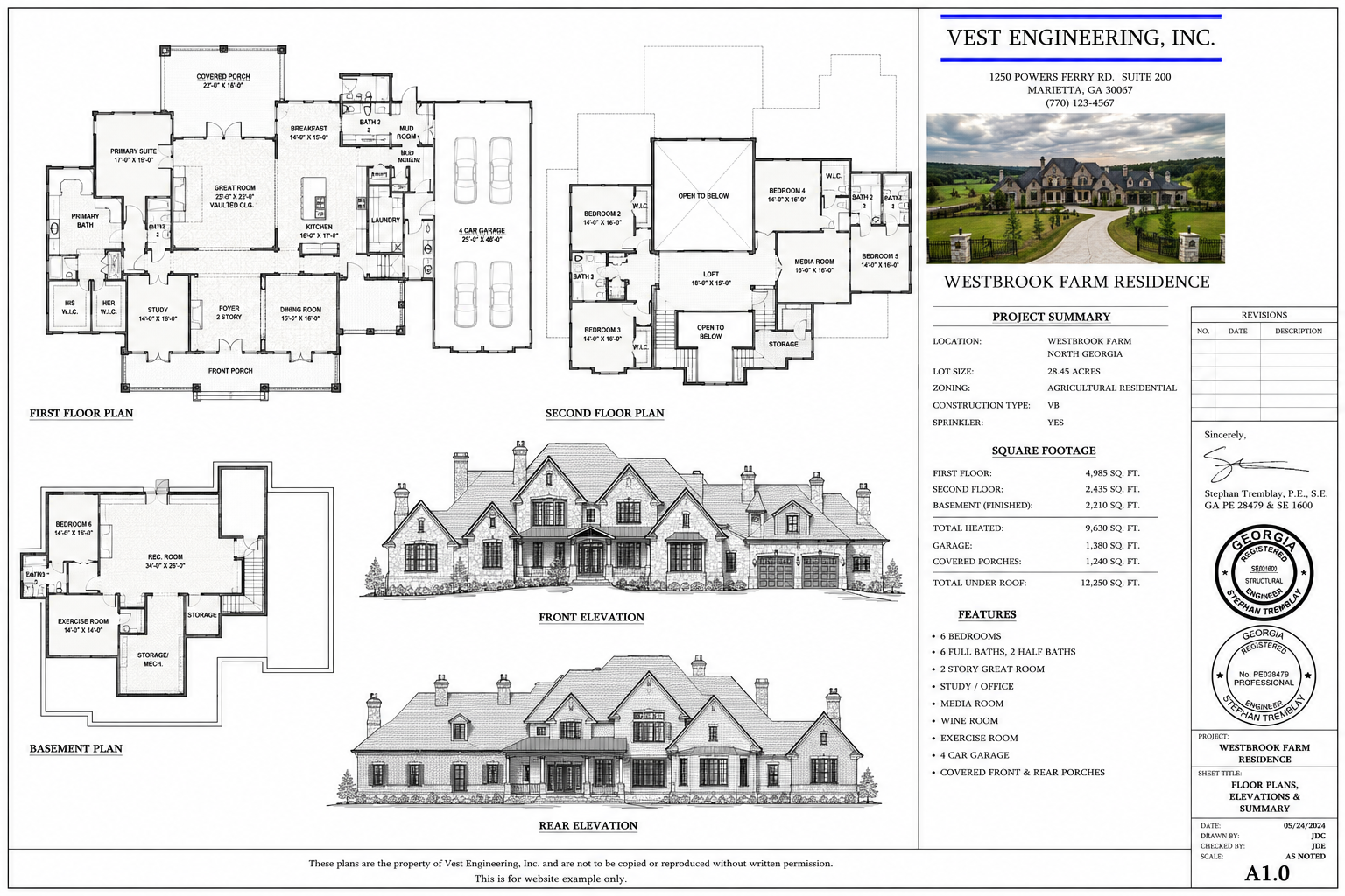 Westbrook Farm Residence floor plans, elevations and project summary sheet by Vest Engineering