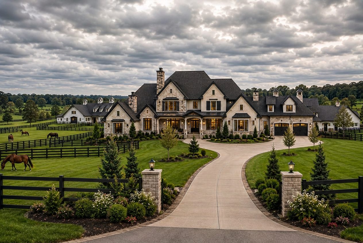 Westbrook Farm Residence front elevation with stone facade and circular driveway