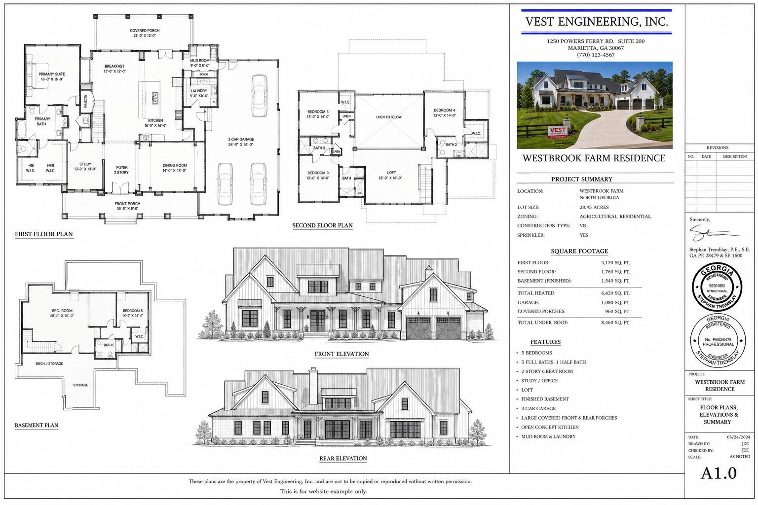 Westbrook Farm Residence II floor plans, elevations and project summary sheet by Vest Construction